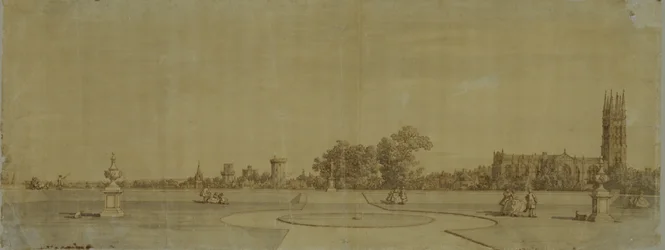 Warwick: Die Stadt und das Schloss vom Priory Gardens (Feder und braune Tinte über Graphit)